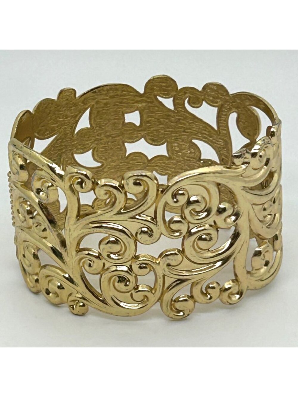 Chunky Gold Filigree Cuff Bracelet Openwork Scroll Hinged Bangle Statement Y2K